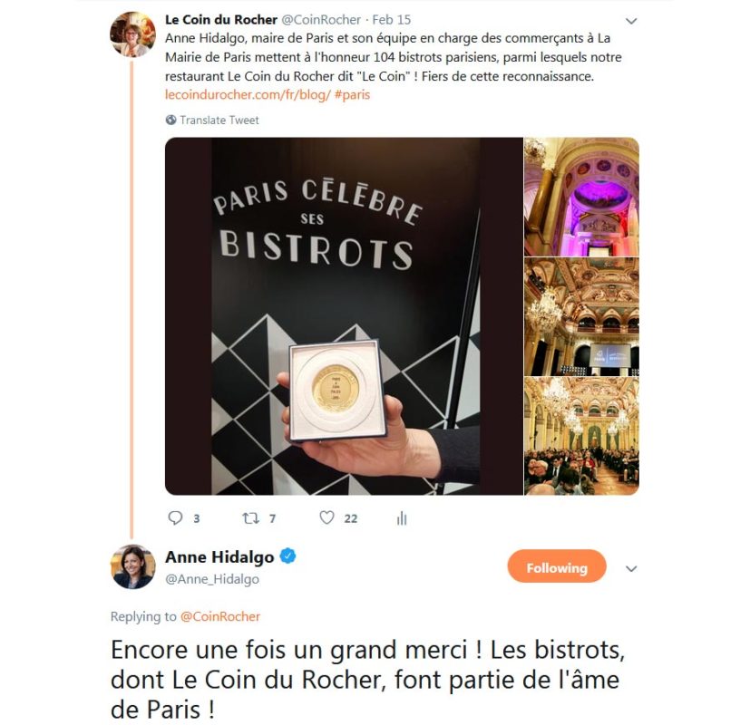 félicitations de Anne-Hidalgo, maire de Paris, au Coin du Rocher, février 2019